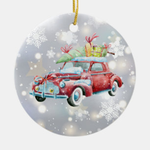 Red Vintage Car with Christmas Tree and Snowflakes Ceramic Tree Decoration