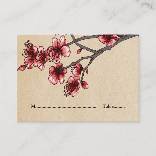 Red Vintage Cherry Blossoms Place Cards (Front)