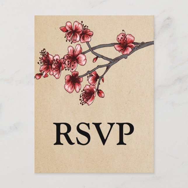 Red Vintage Cherry Blossoms RSVP Postcard (Front)