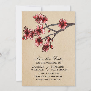 Red Vintage Cherry Blossoms Save the Date Invite