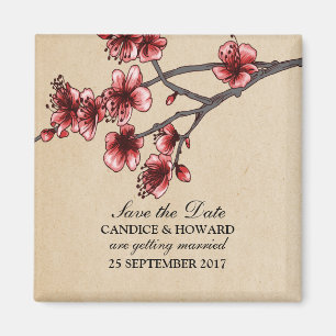 Red Vintage Cherry Blossoms Save the Date Magnet