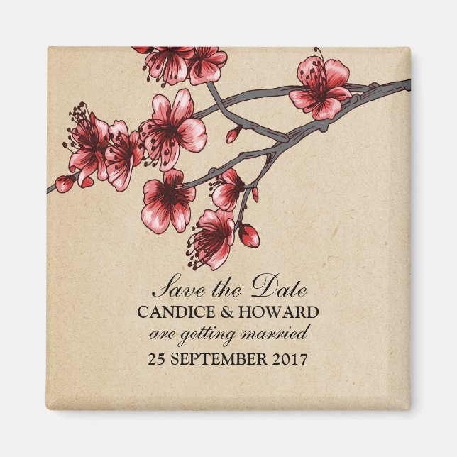 Red Vintage Cherry Blossoms Save the Date Magnet (Front)