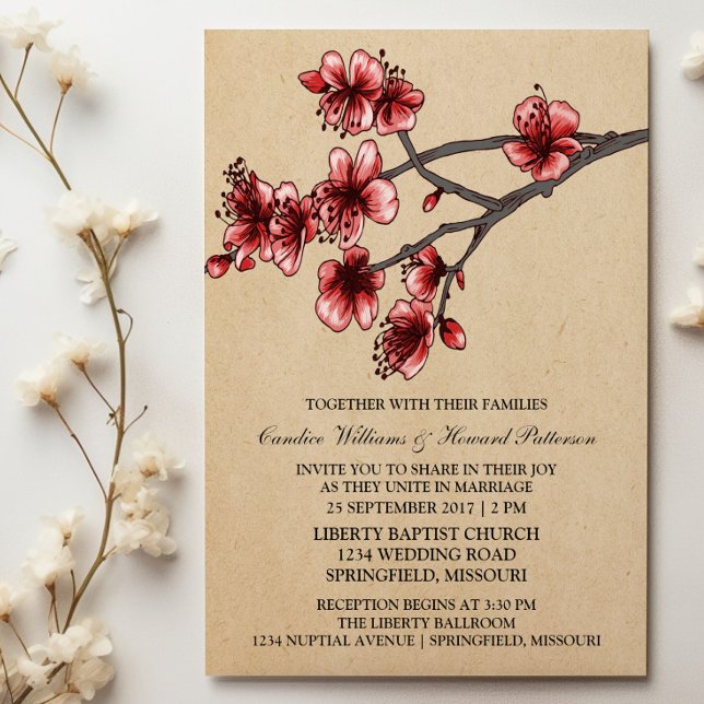 Red Vintage Cherry Blossoms Wedding Invite (Red Vintage Cherry Blossoms Wedding Invite)