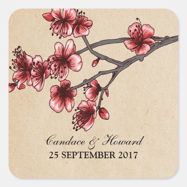 Red Vintage Cherry Blossoms Wedding Stickers (Front)