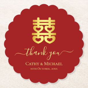Red vintage Chinese wedding thank you Paper Coaster