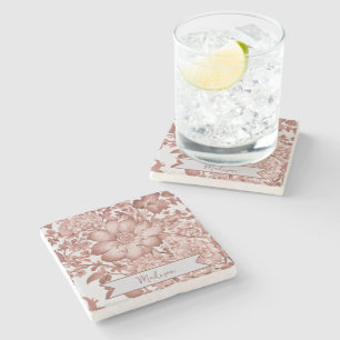 Red Vintage Chinoiserie Floral Personalised Stone Coaster