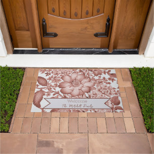 Red Vintage Chinoiserie Floral Personalized Doormat