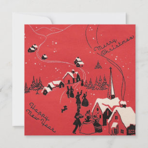 Red Vintage Christmas Happy New Years Town Holiday Card