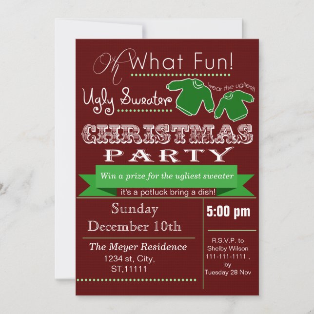 Red vintage Christmas Ugly sweater Party Invites (Front)