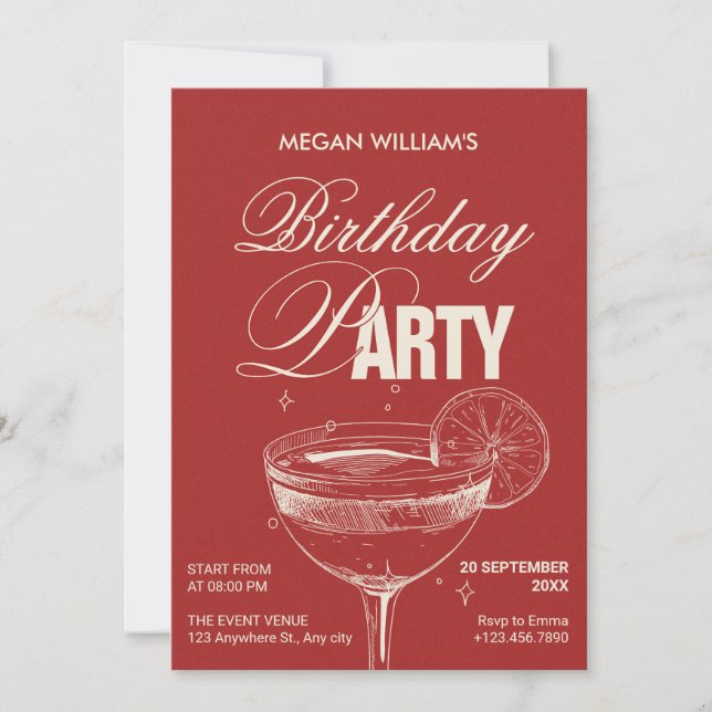 red vintage cocktail birthday party invitation (Front)