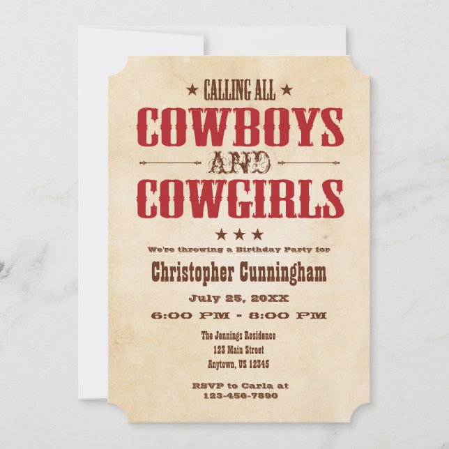 Red Vintage Cowboy Birthday Invitation (Front)
