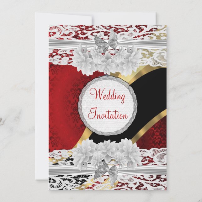 Red vintage damask and white lace  wedding invitation (Back)