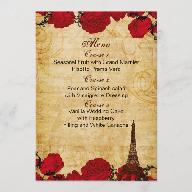 red vintage eiffel tower Paris wedding menu cards (Front)