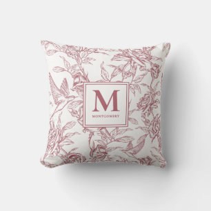 Red Vintage Floral Toile de Jouy French Monogram Cushion