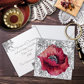 Red Vintage Flower Linen Texture Floral Pattern Holiday Card