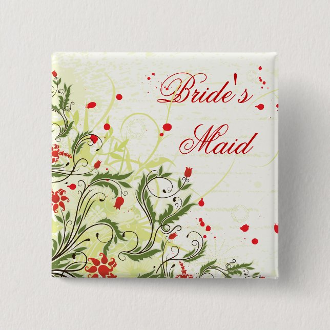 Red Vintage Flowers Bridesmaid pin back button (Front)