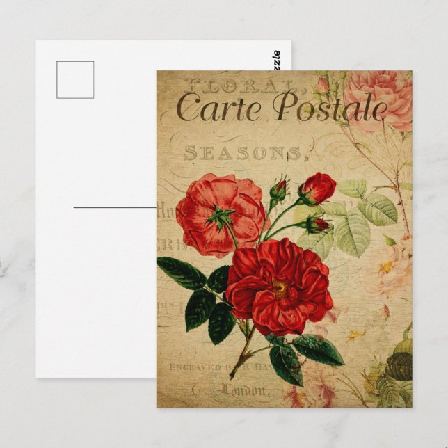 Red Vintage Flowers Postcard (Front/Back)