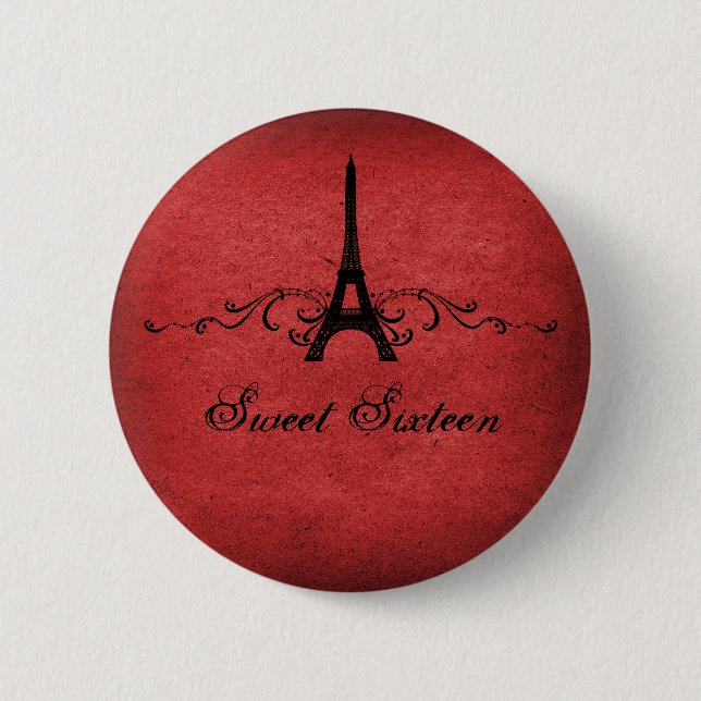 Red Vintage French Flourish Sweet 16 Button (Front)