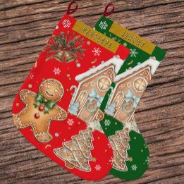 Red Vintage Gingerbread Man, Tree, Christmas  Large Christmas Stocking