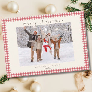 Red Vintage Gingham Check Christmas Photo Holiday Card