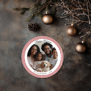Red Vintage Gingham Round Holiday Photo Card