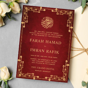 Red Vintage Gold Border Islamic Muslim Wedding Invitation