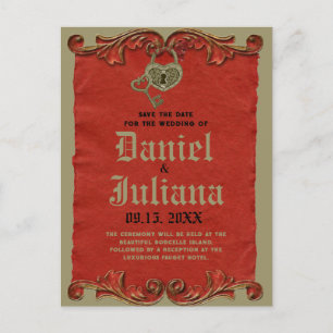 Red Vintage Gothic Skeleton Key save the date Postcard