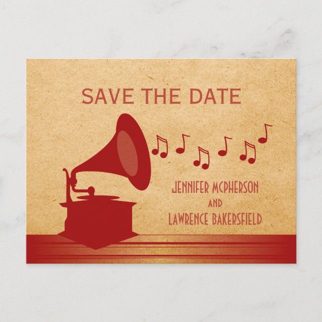 Red Vintage Gramophone Save the Date Postcard (Front)