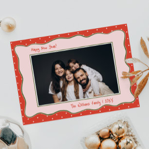 Red Vintage Hand-Drawn Frame Photo New Year Holiday Card