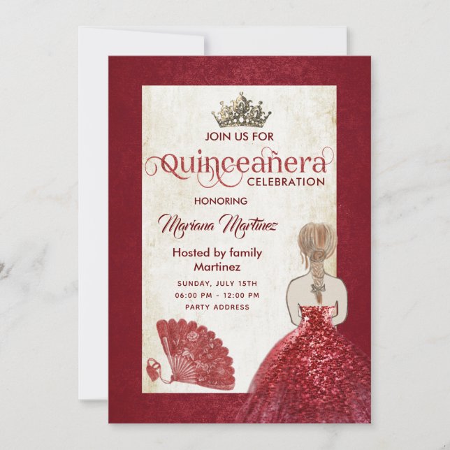 Red vintage hand fan tiara Quince Invitation (Front)