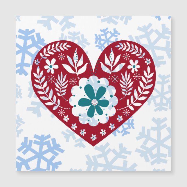 Red Vintage Heart Holiday Snowflakes Magnet Card (Front)