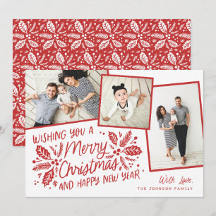 Red Vintage Holly Tilted Snapshot Multi-Photo Holiday Card