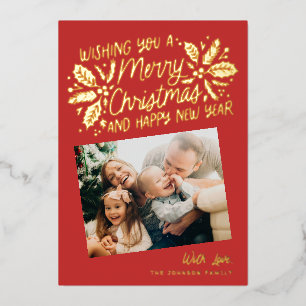 Red Vintage Holly Tilted Snapshot Photo Christmas Foil Holiday Card