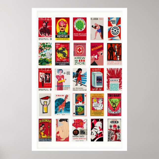 Red Vintage matchbox label grid print (Front)