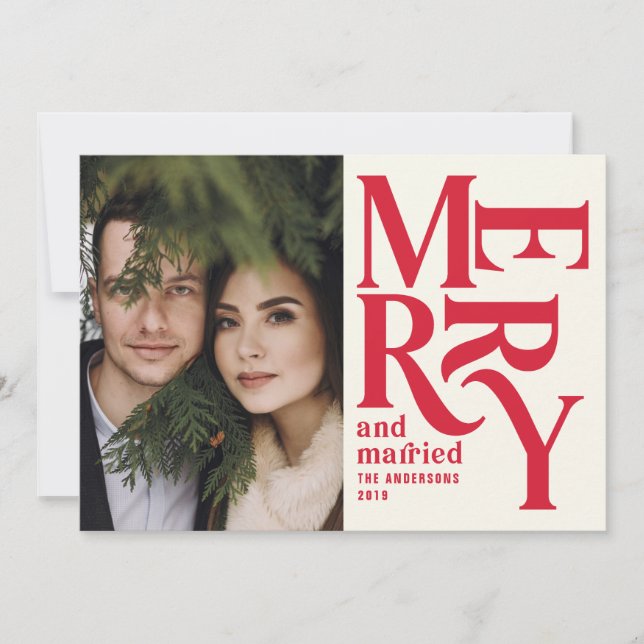 Red vintage merry married chritsmas photo wedding announcement (Front)