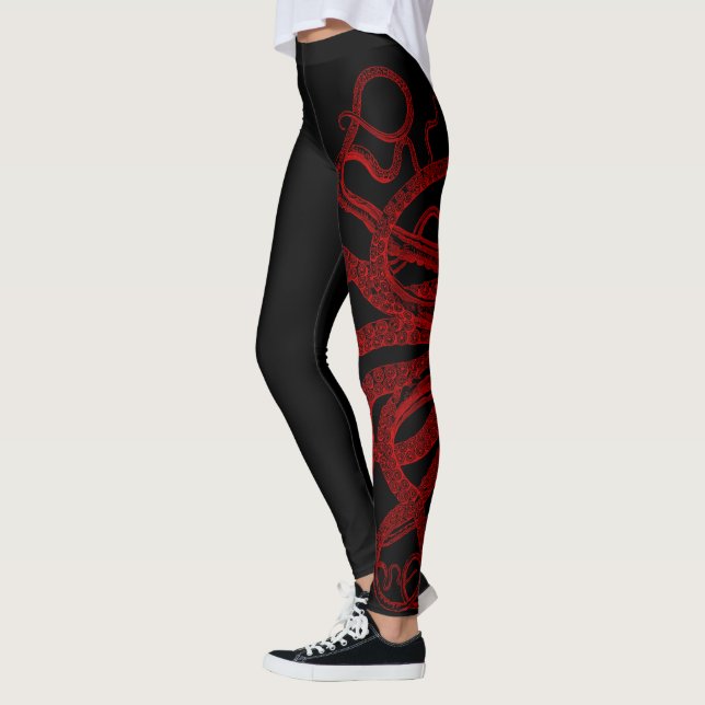 Red Vintage Octopus Tentacles Illustration Leggings (Left)