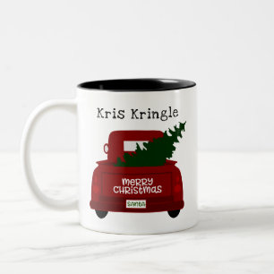 Red Vintage Pick up Truck & Christmas Tree Two-Tone Coffee Mug