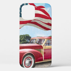 Red vintage pick up truck with American flag. iPhone 12 Case