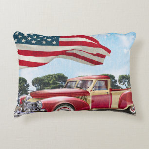 Red vintage pick up truck with American flag. Decorative Cushion