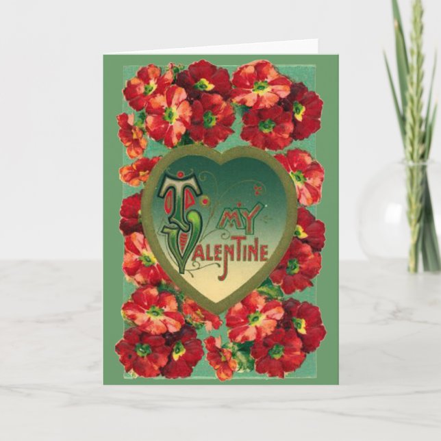 Red Vintage Poppies Valentine Card (Front)