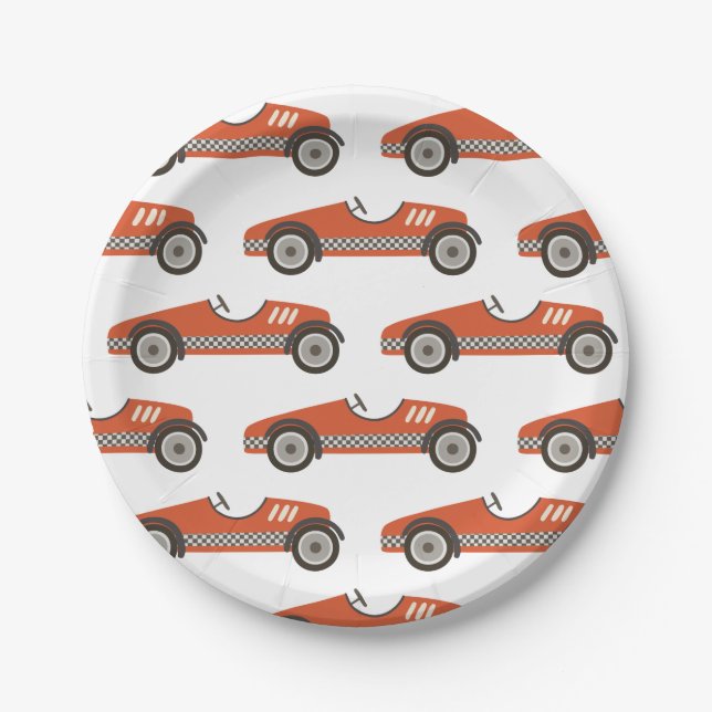 Red Vintage Race Car Birthday Paper Plates (Front)