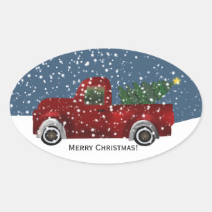 Red vintage Retro Truck and Christmas Tree Oval Sticker