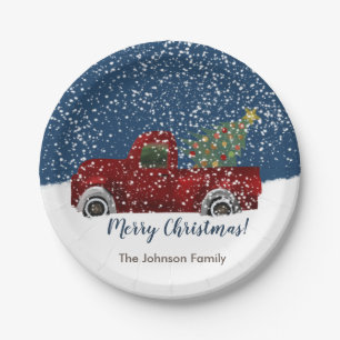 Red vintage Retro Truck and  Christmas Tree Paper  Plate