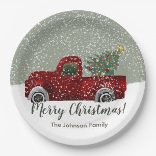 Red vintage Retro Truck and Christmas Tree Paper Plate