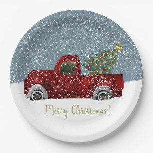 Red vintage Retro Truck and  Christmas Tree Paper Plate