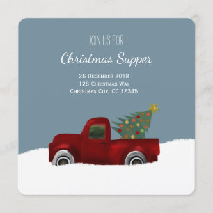 Red vintage Retro Truck and Tree Christmas Invitation