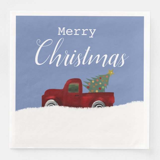 Red vintage retro truck with christmas tree napkin (Front)