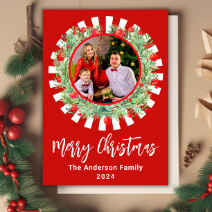 Red Vintage Rustic Greenery Berry Wreath Christmas Holiday Card