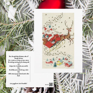 Red Vintage Santa Claus Flying Reindeer Stars Postcard