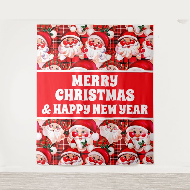 Red Vintage Santa Claus Merry Christmas Banner  Tapestry (Front)